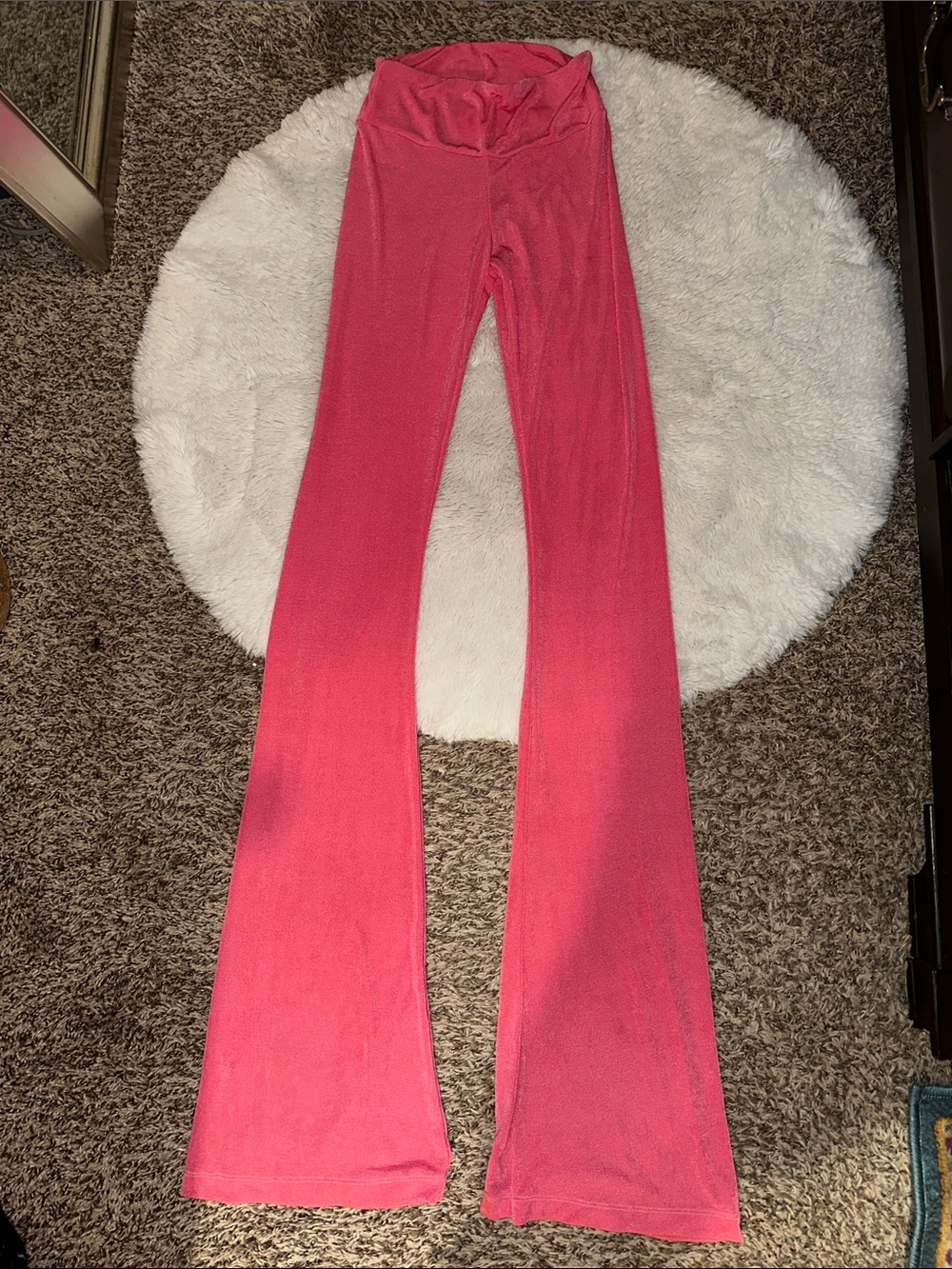 **Super Long** 37” Inseam High-Waist Pink Flared Shiny Leggings